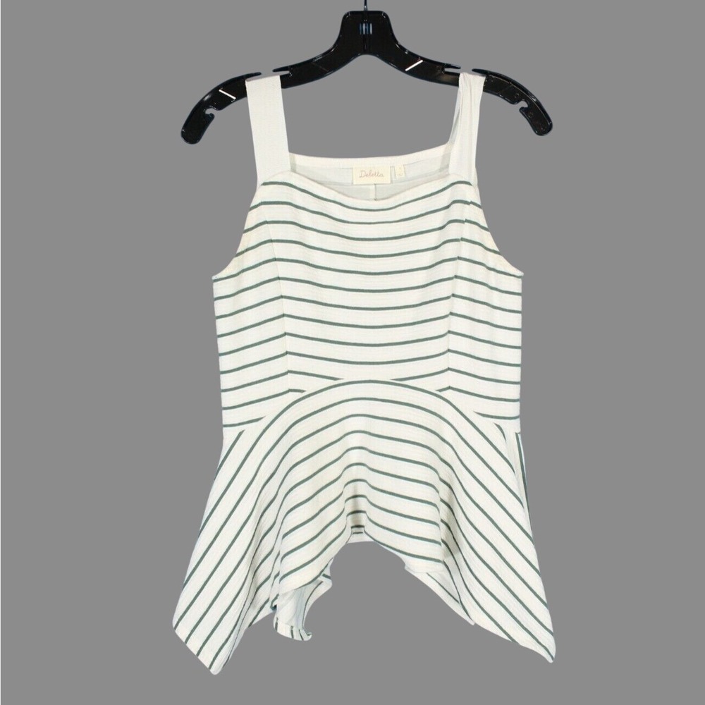 DELETTA Anthropologie WHITE w/GREEN STRIPES Shark Bite Hem PEPLUM TANK TOP Sz S